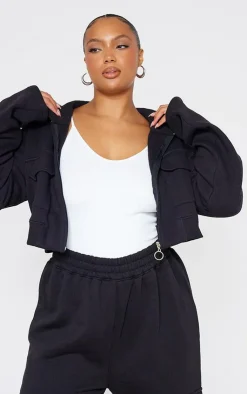 Outlet PrettyLittleThing Plus Zip Up Cargo Crop Hoodie Black