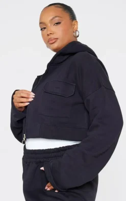 Outlet PrettyLittleThing Plus Zip Up Cargo Crop Hoodie Black