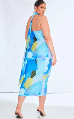 Plus Abstract Choker Plisse Midi Dress-PrettyLittleThing Hot