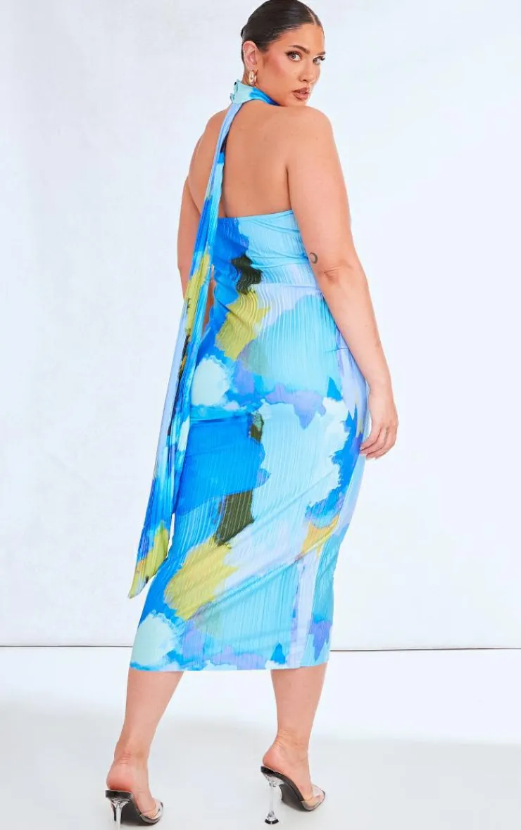 Plus Abstract Choker Plisse Midi Dress-PrettyLittleThing Hot