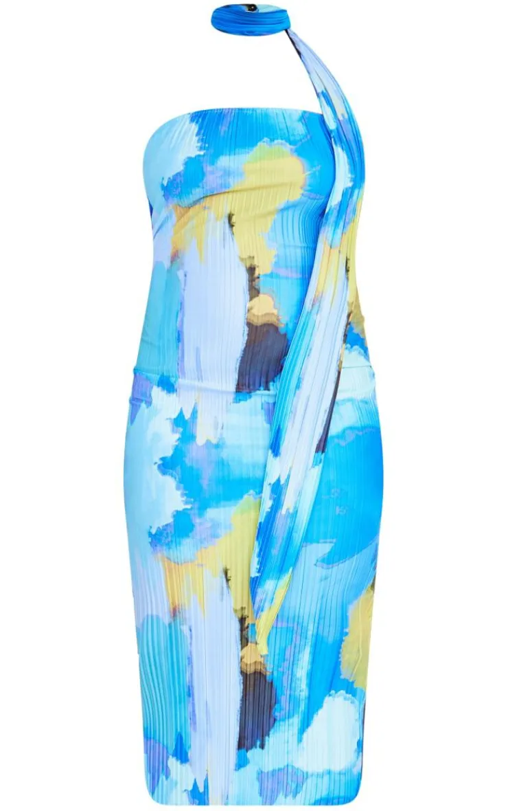 Plus Abstract Choker Plisse Midi Dress-PrettyLittleThing Hot