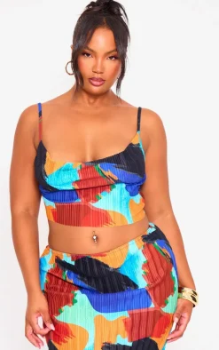 PrettyLittleThing Plus Abstract Print Plisse Strappy Cowl Neck Top Blue