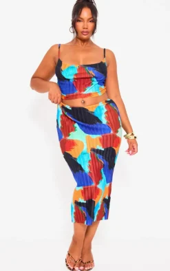 PrettyLittleThing Plus Abstract Print Plisse Strappy Cowl Neck Top Blue