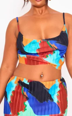 PrettyLittleThing Plus Abstract Print Plisse Strappy Cowl Neck Top Blue