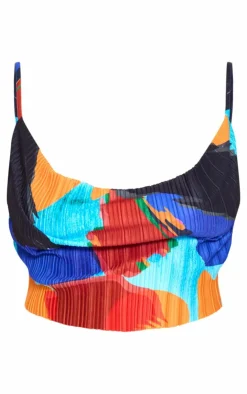 PrettyLittleThing Plus Abstract Print Plisse Strappy Cowl Neck Top Blue