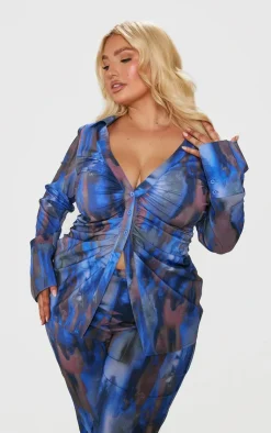 Discount PrettyLittleThing Plus Abstract Print Chiffon Ruched Fitted Shirt Blue