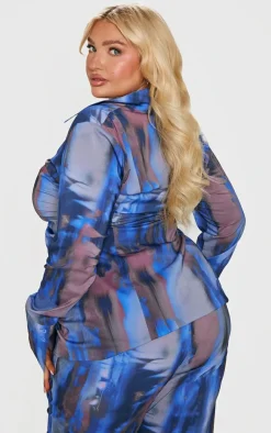 Discount PrettyLittleThing Plus Abstract Print Chiffon Ruched Fitted Shirt Blue
