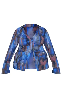 Discount PrettyLittleThing Plus Abstract Print Chiffon Ruched Fitted Shirt Blue