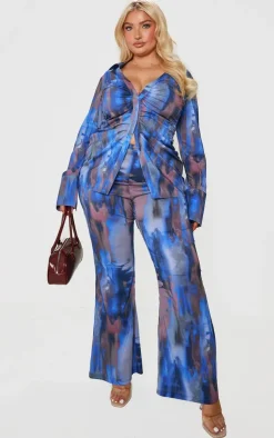 Sale PrettyLittleThing Plus Abstract Print Chiffon Flare Pants Blue