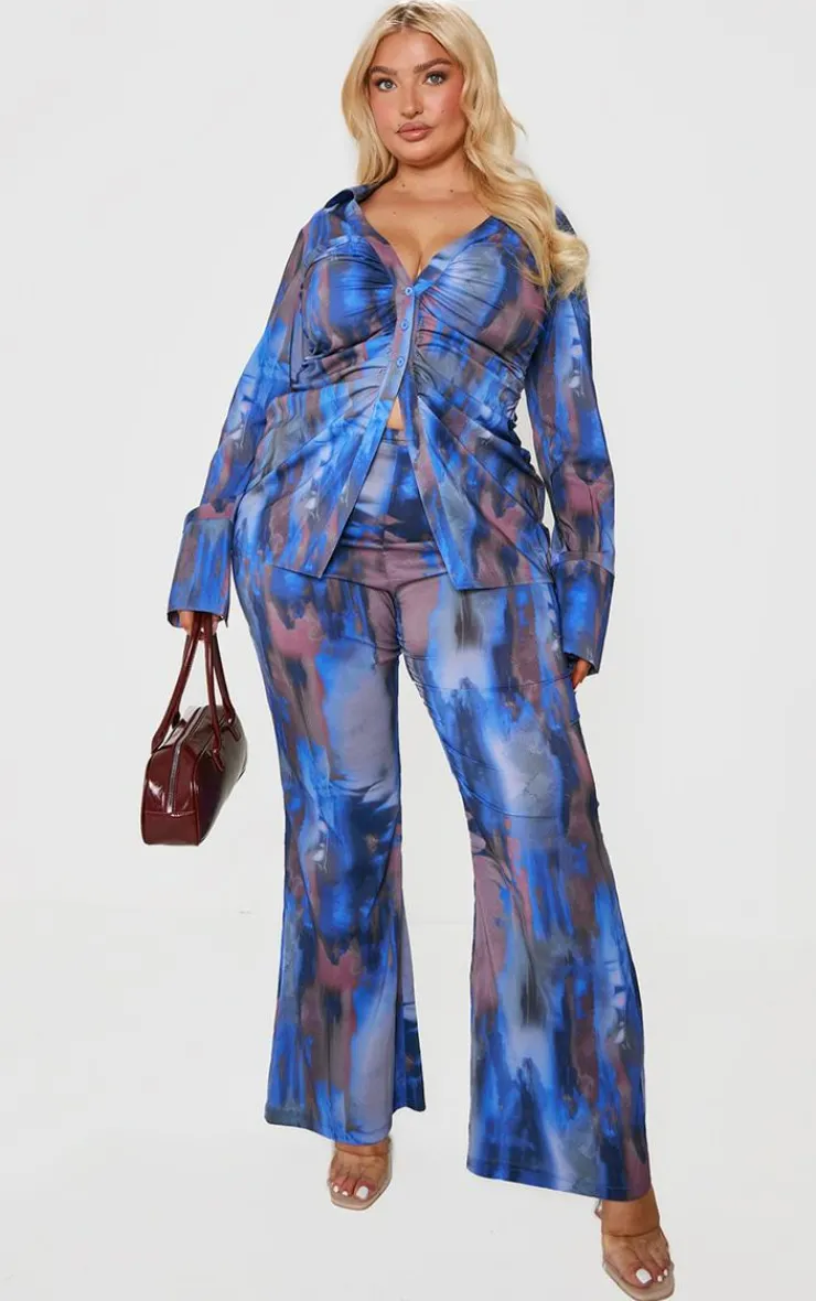 Sale PrettyLittleThing Plus Abstract Print Chiffon Flare Pants Blue