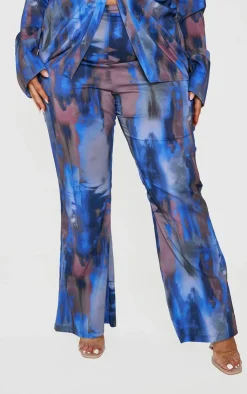Sale PrettyLittleThing Plus Abstract Print Chiffon Flare Pants Blue