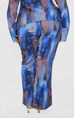 Sale PrettyLittleThing Plus Abstract Print Chiffon Flare Pants Blue