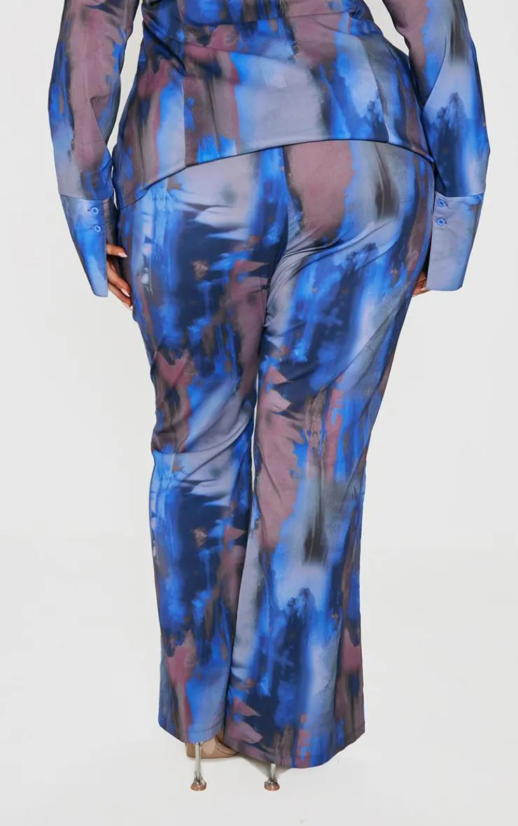 Sale PrettyLittleThing Plus Abstract Print Chiffon Flare Pants Blue