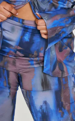Sale PrettyLittleThing Plus Abstract Print Chiffon Flare Pants Blue