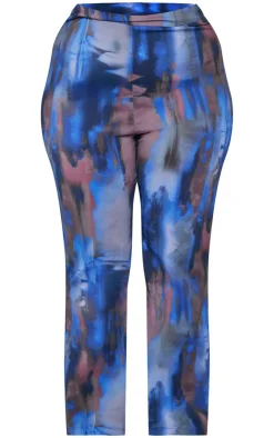 Sale PrettyLittleThing Plus Abstract Print Chiffon Flare Pants Blue