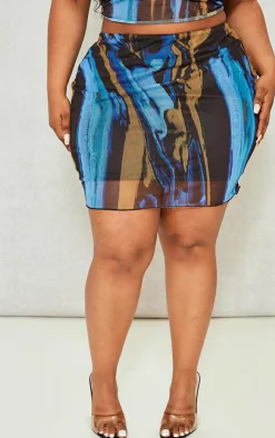 Sale PrettyLittleThing Plus Abstract Printed Lettuce Hem Mesh Bodycon Skirt Blue