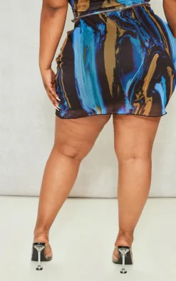 Sale PrettyLittleThing Plus Abstract Printed Lettuce Hem Mesh Bodycon Skirt Blue