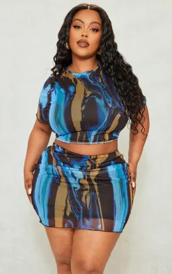 Sale PrettyLittleThing Plus Abstract Printed Lettuce Hem Mesh Bodycon Skirt Blue
