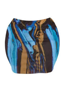Sale PrettyLittleThing Plus Abstract Printed Lettuce Hem Mesh Bodycon Skirt Blue