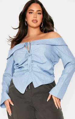 PrettyLittleThing Shirts*Plus Bardot Striped Fitted Shirt Style Top