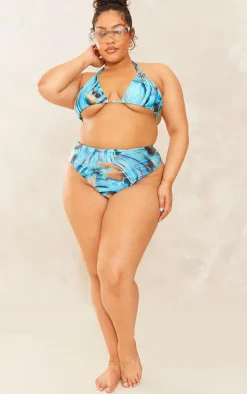 Plus Blue Butterfly Printed High Waisted Bikini Bottoms