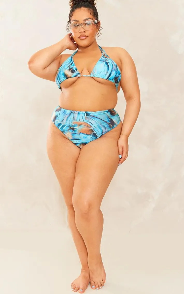 Plus Blue Butterfly Printed High Waisted Bikini Bottoms