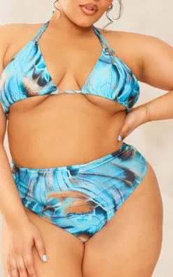 Plus Blue Butterfly Printed High Waisted Bikini Bottoms