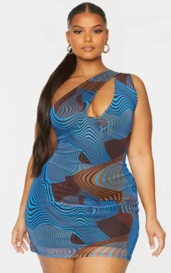 Plus Contour Print Mesh One Shoulder Detail Bodycon Dress-PrettyLittleThing Hot