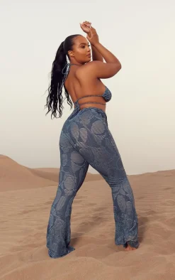 Plus Blue Contrast Textured Rib Flare Beach Pants