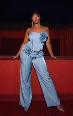 PrettyLittleThing Plus Corsage Detail Pants Blue