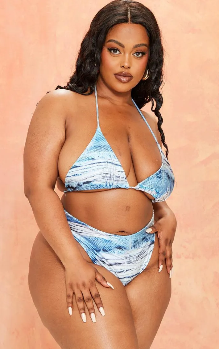 Plus Blue Denim Printed High Waisted Bikini Bottoms