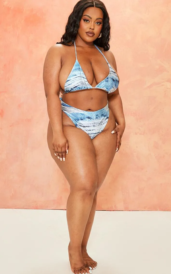 Plus Blue Denim Printed High Waisted Bikini Bottoms