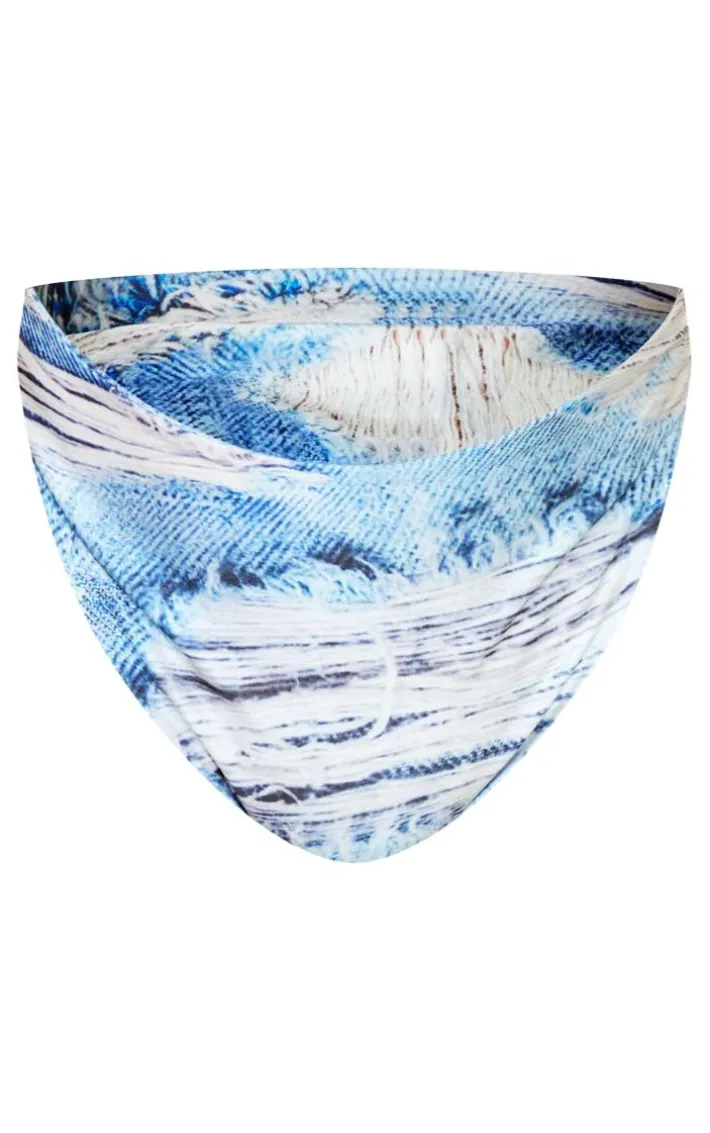 Plus Blue Denim Printed High Waisted Bikini Bottoms