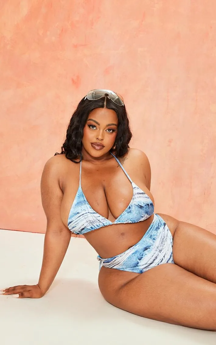 Plus Blue Denim Printed Triangle Bikini Top