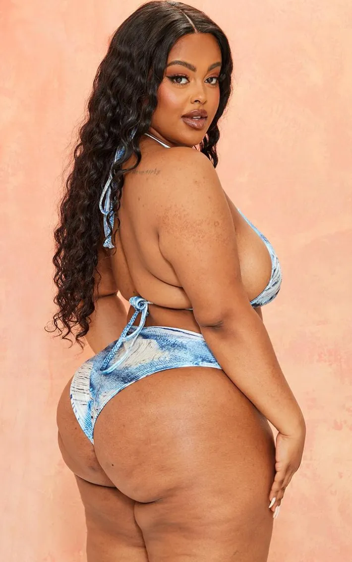 Plus Blue Denim Printed Triangle Bikini Top
