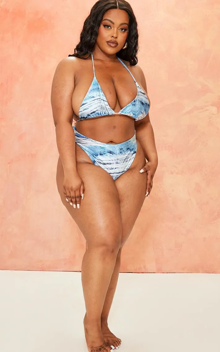 Plus Blue Denim Printed Triangle Bikini Top