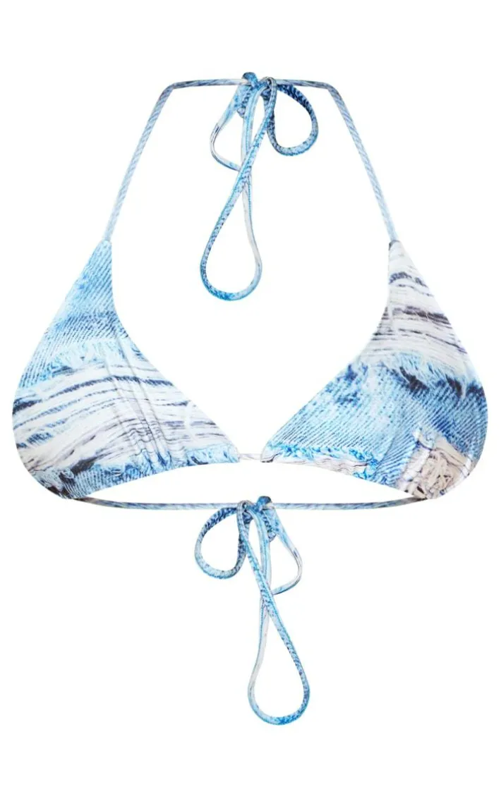 Plus Blue Denim Printed Triangle Bikini Top