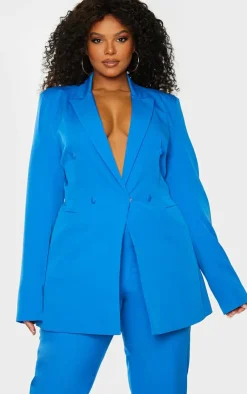 Discount PrettyLittleThing Plus Double Breasted Woven Blazer Blue