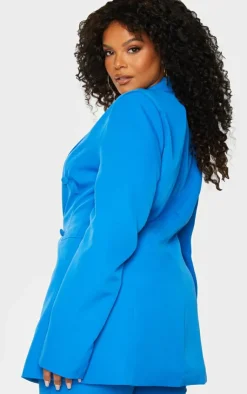 Discount PrettyLittleThing Plus Double Breasted Woven Blazer Blue