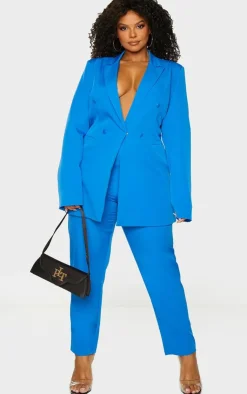 Discount PrettyLittleThing Plus Double Breasted Woven Blazer Blue
