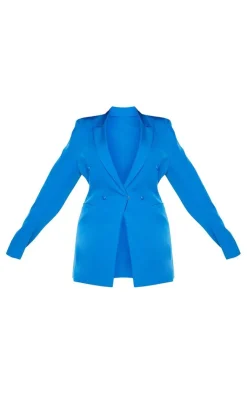 Discount PrettyLittleThing Plus Double Breasted Woven Blazer Blue
