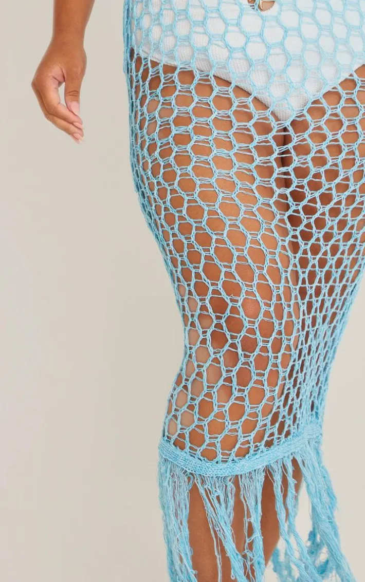 Plus Blue Fishnet Knitted Maxi Dress