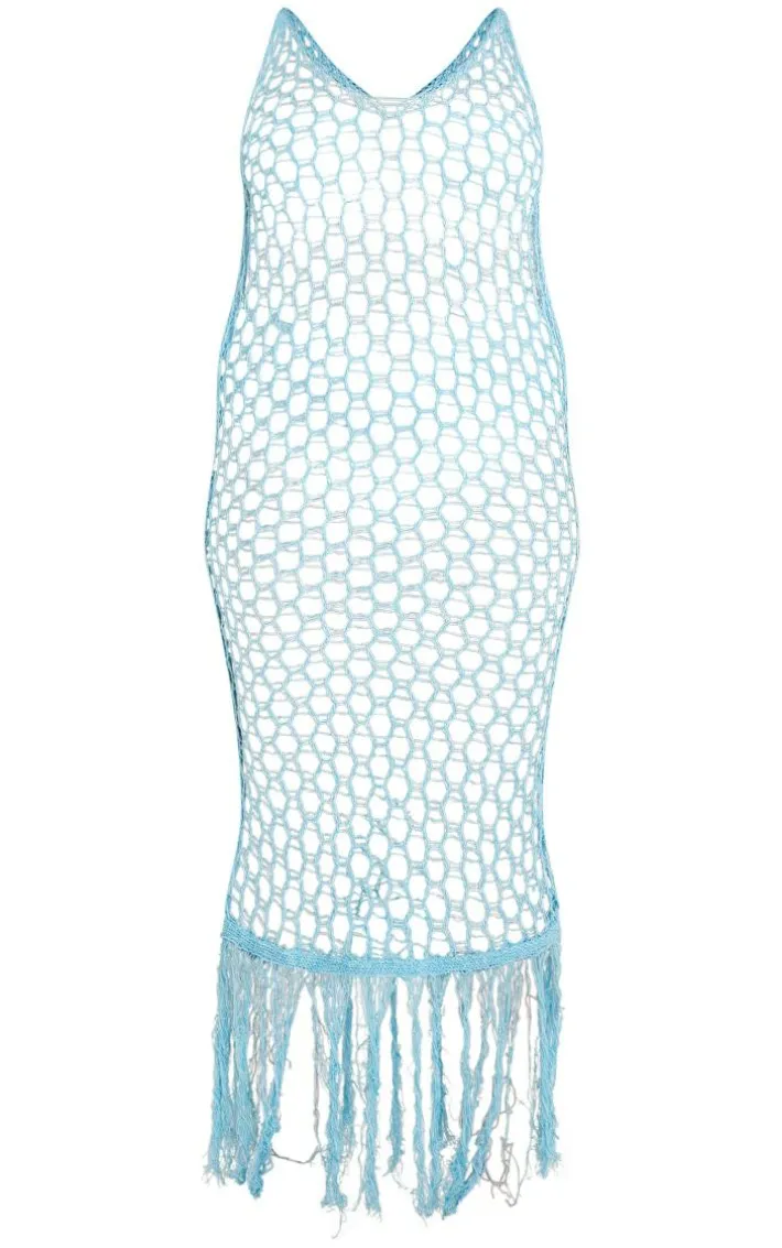 Plus Blue Fishnet Knitted Maxi Dress