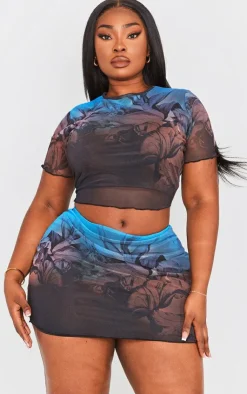 Sale PrettyLittleThing Plus Floral Printed Lettuce Hem Mesh Top Blue