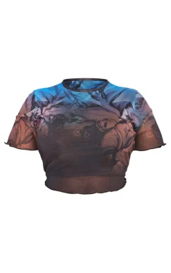 Sale PrettyLittleThing Plus Floral Printed Lettuce Hem Mesh Top Blue