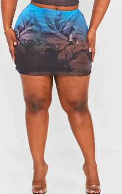 Best PrettyLittleThing Plus Floral Printed Lettuce Hem Mesh Bodycon Skirt Blue