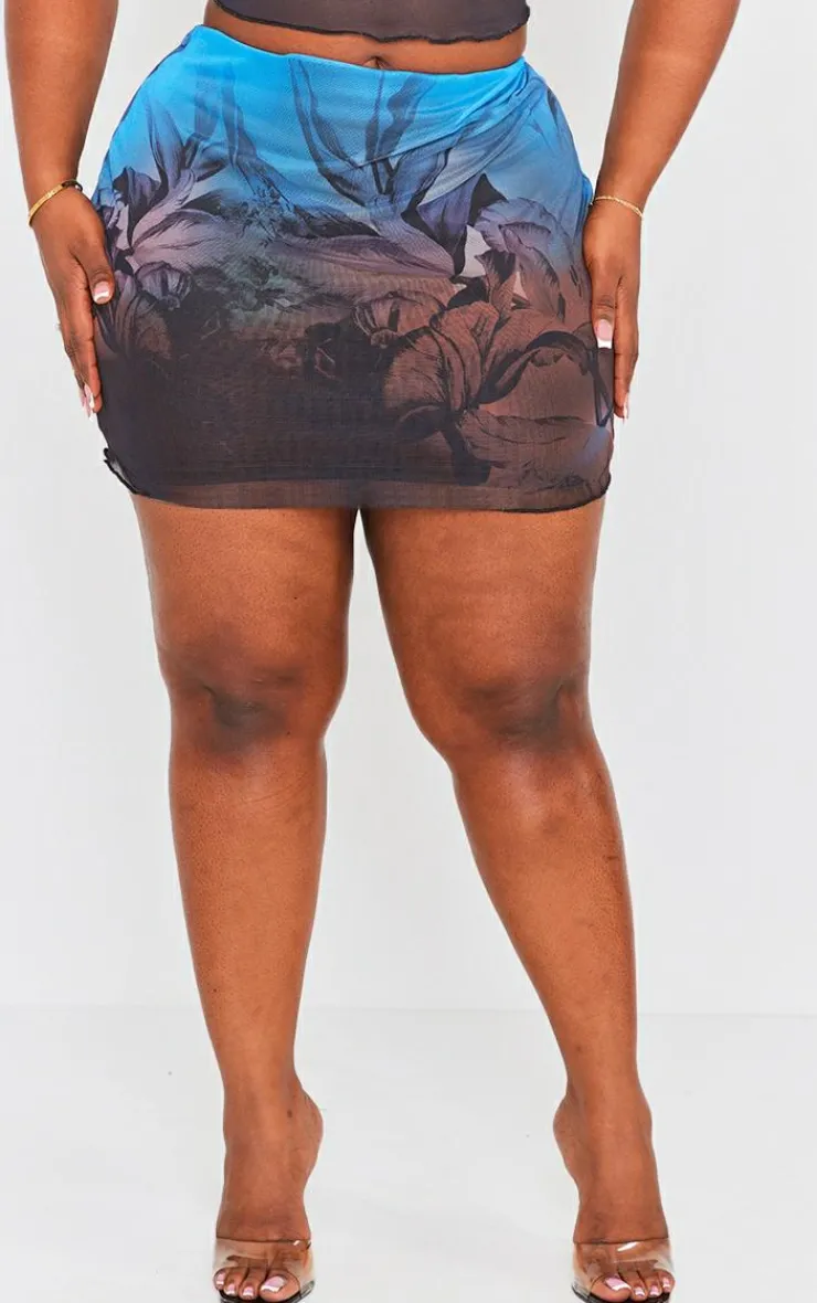 Best PrettyLittleThing Plus Floral Printed Lettuce Hem Mesh Bodycon Skirt Blue