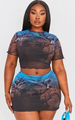 Best PrettyLittleThing Plus Floral Printed Lettuce Hem Mesh Bodycon Skirt Blue