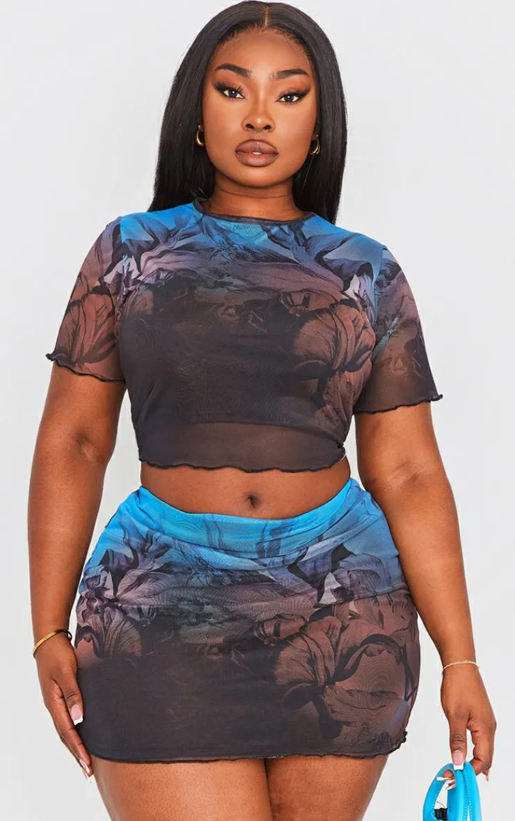 Best PrettyLittleThing Plus Floral Printed Lettuce Hem Mesh Bodycon Skirt Blue