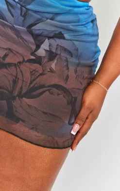 Best PrettyLittleThing Plus Floral Printed Lettuce Hem Mesh Bodycon Skirt Blue